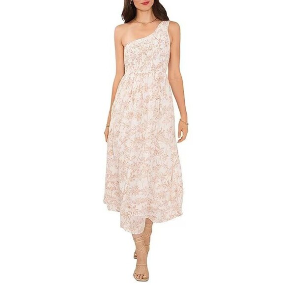 1. State Ruched One Shoulder Dress Women's 2X Plus White Palms Summer Beach NEW - Picture 2 of 11